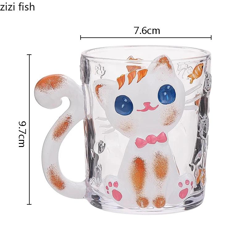 Relief handbemalte Glastasse Kreative süße Katze Kaffeetasse Latte Tasse Paar Tasse Frühstückstasse Haushaltswassertasse Teetassen