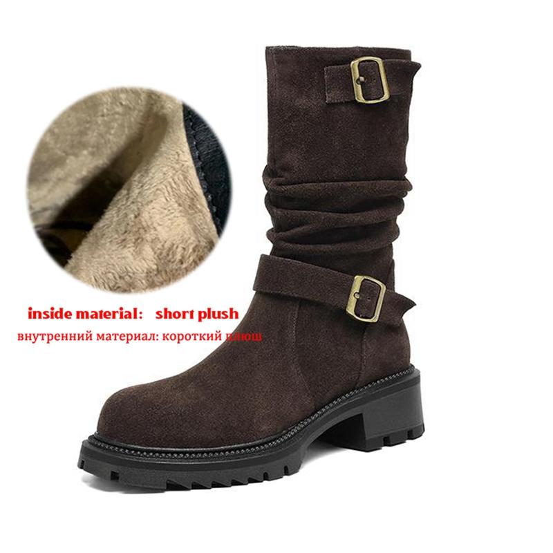 

Krazing Pot Модные зимние ботинки из коровьей замши нубука с круглым носком, на среднем каблуке, слипоны, плиссированного стиля, с металлической пряжкой, ботинки до середины икры 42