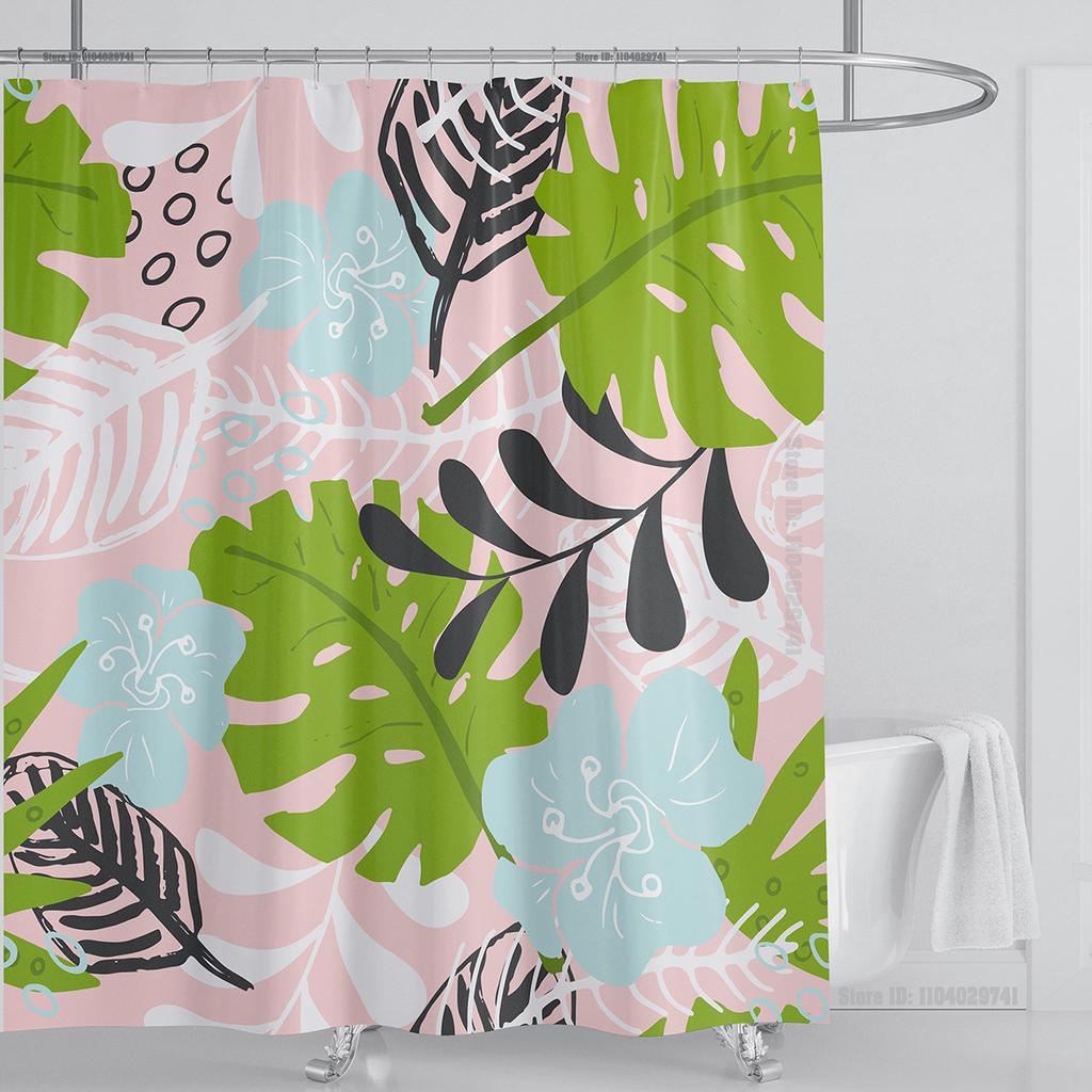 Bohemian Shower Curtain Tropical Jungle Wildlife Bathroom Set Modern Pink Aesthetic Parrot Floral Bathroom Curtain With Hooks