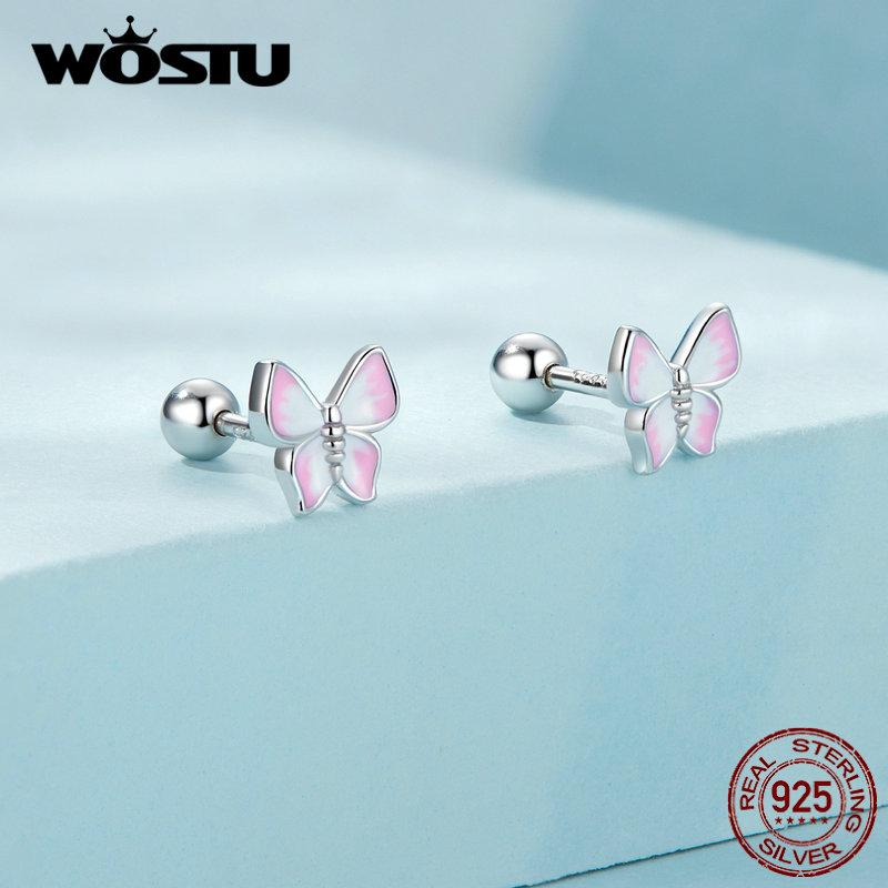 WOSTU Small Pink Butterfly Earrings For Women Real 925 Sterling Silver Lovely Cute Animal Studs Earring Statement Jewelry Gift