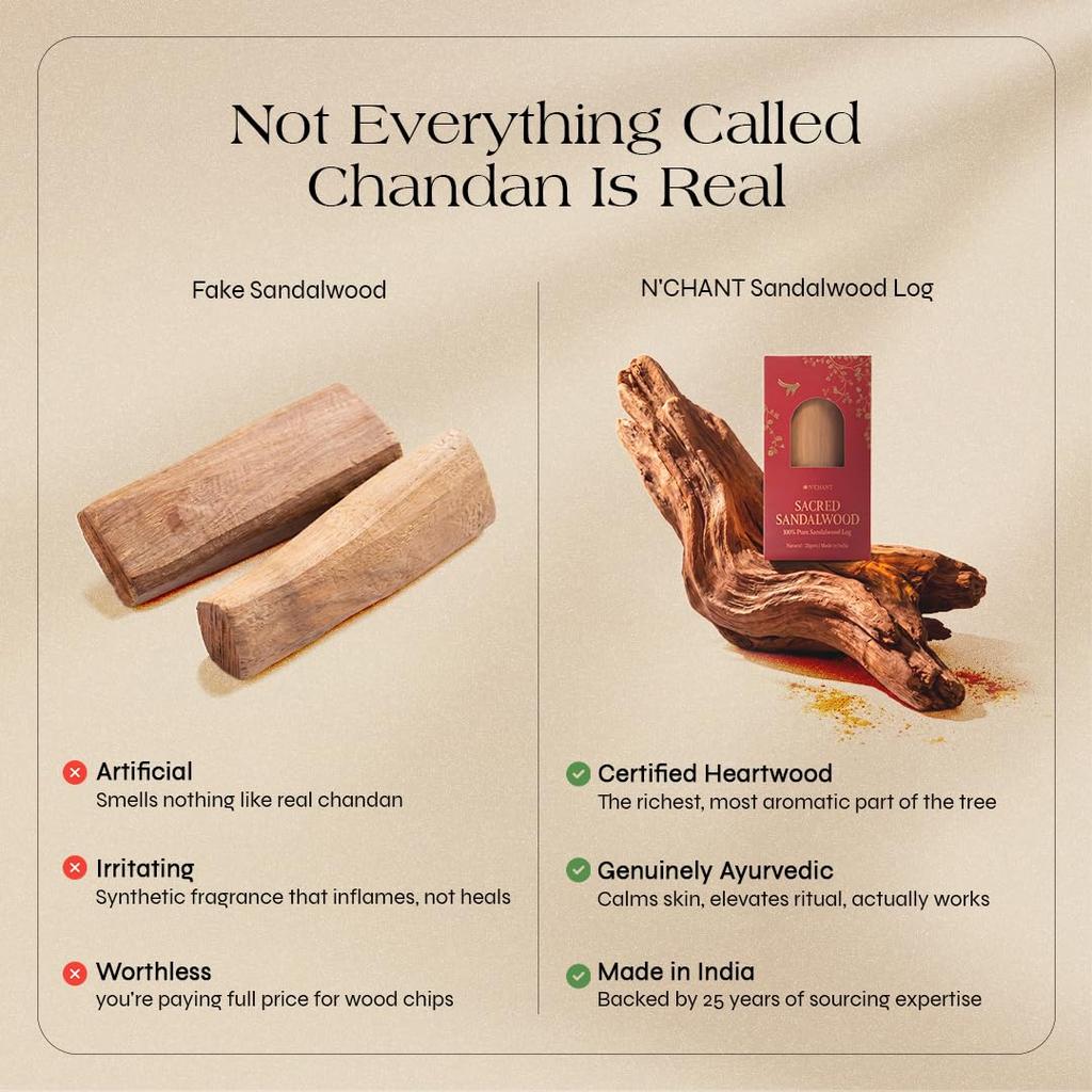 N'CHANT 100% reiner Mysore-Sandelholz-Block für Gesicht & Hautpflege | Original Chandan-Stäbchen, Labortestiert | Kühlende ayurvedische Gesichtsmaske für Glow & Clear-Lo
