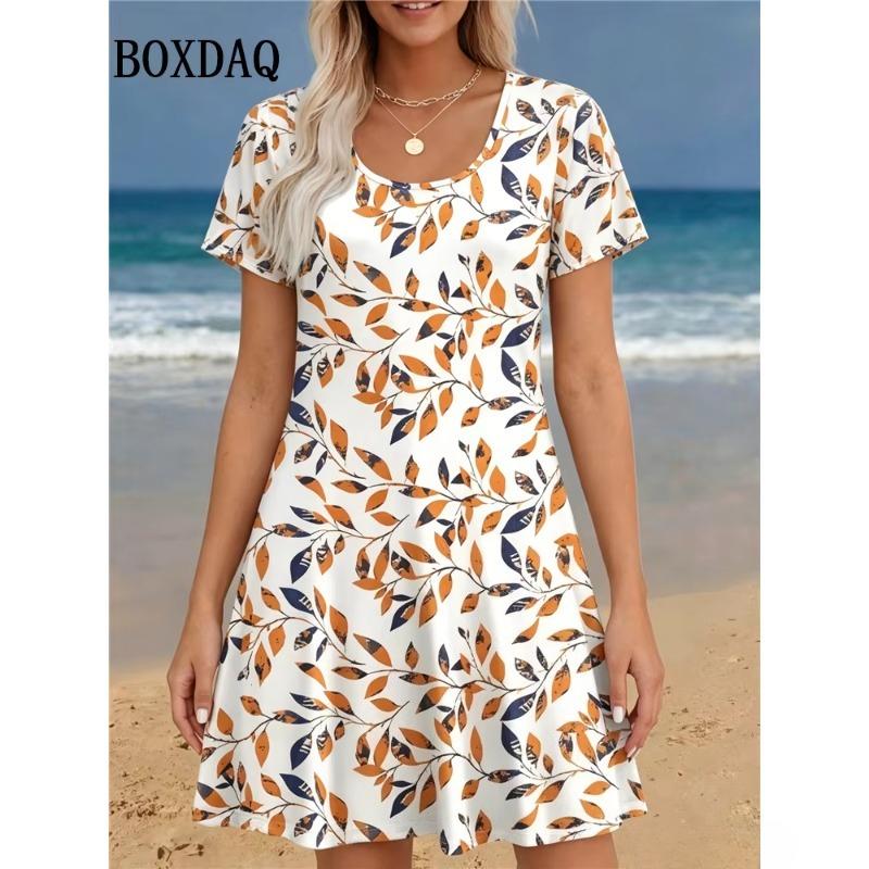 Summer Ladies Leaf 3D Printed Short Sleeve Dress