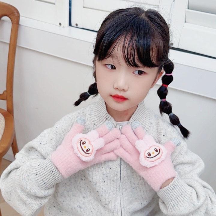 New Children's Gloves Cute Finger Gloves Korean Version Cartoon Autumn and Winter Thickened Five Finger Warm Baby Gloves