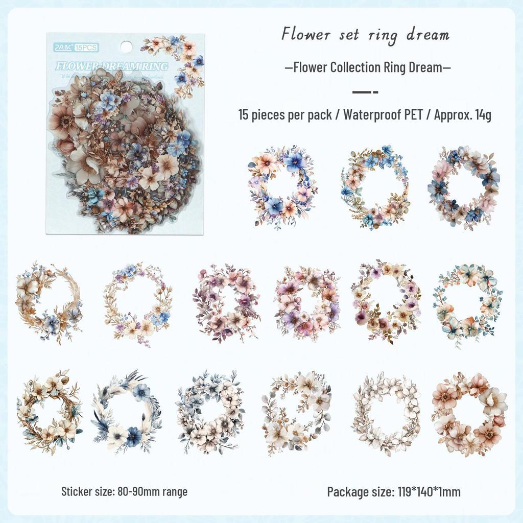 ZABC Retro Floral PET Sticker Pack: 15 Sheets for Romantic Floral-Themed Journaling
