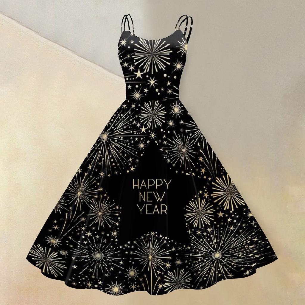 Dámské Novoroční Tištěné Ležérní Módní Midi Šaty s Kulatým Výstřihem