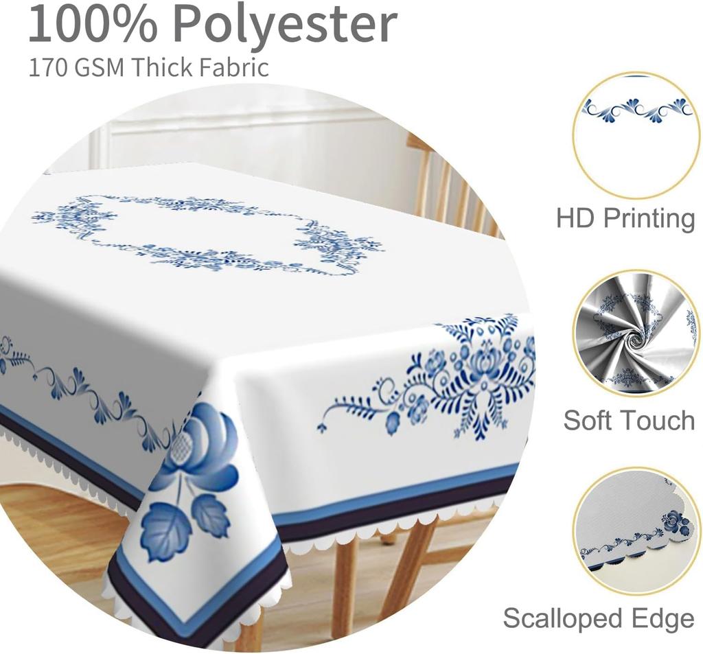 Blue Floral Rectangle Tablecloth Wedding Party Decor Reusable Blue White Porcelain Printed Tablecover Kitchen Dining Table Decor