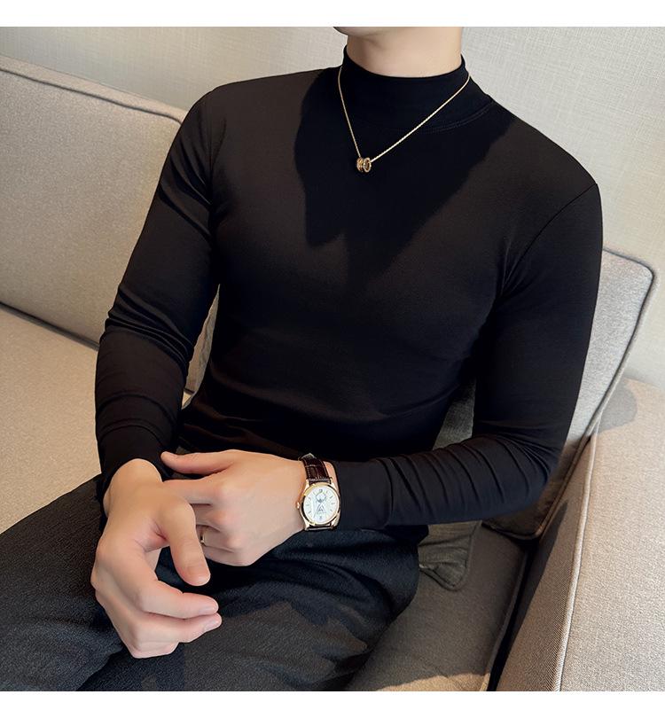 Men's Autumn Solid Color Slim Fit Semi-High Neck Long Sleeve T-Shirt
