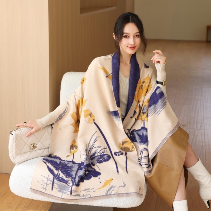 Imitation cashmere ink painting lotus scarf women's new warm simple autumn and winter double-sided thickened scarf