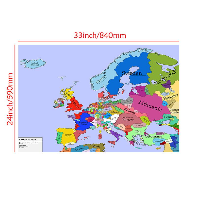 Stampa su Tela Mappa Politica Storica dell'Europa 1444, Arte Murale di Storia Medievale per Studio Sala Giochi Ufficio Decorazione, Poster Educativo Vintage Senza Cornice
