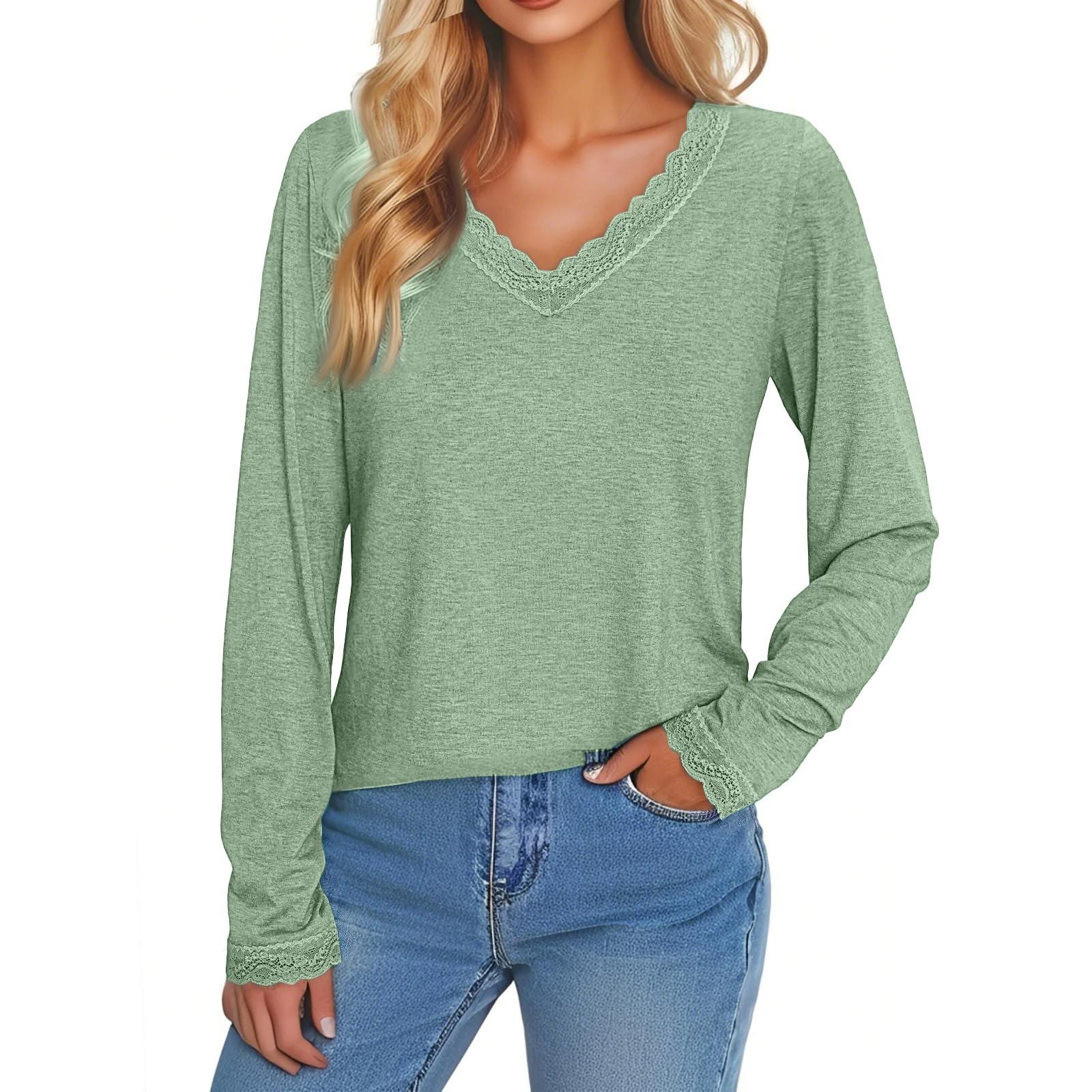 

Женская повседневная мода с длинным рукавом, однотонная кружевная отделка, V-образный вырез, облегающий топ с Т-образными рукавами S