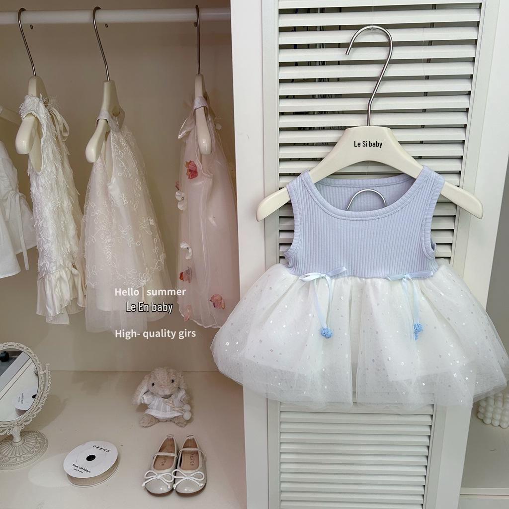 

Leenbaby 2025 Summer Blue Mesh Dress: Fashionable and Stylish Princess Vest Dress for Girls 80cm