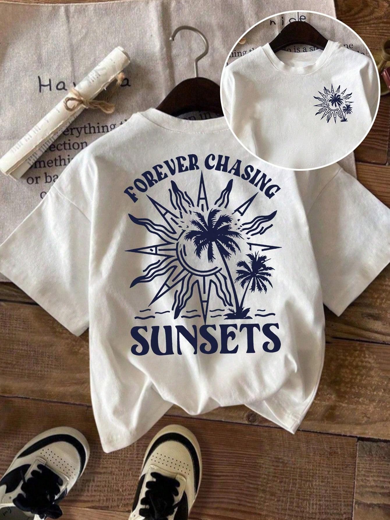 

Sun and coconut tree print short-sleeved T-shirt casual and versatile style suitable for summer daily wear and going out S