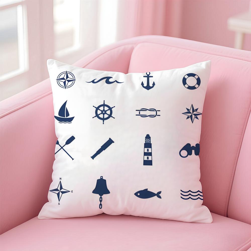 Ocean Blue Compass with Anchor Cushion Cover Pillow Case Soft Skin Friendly Fabric  Concealed Zipper