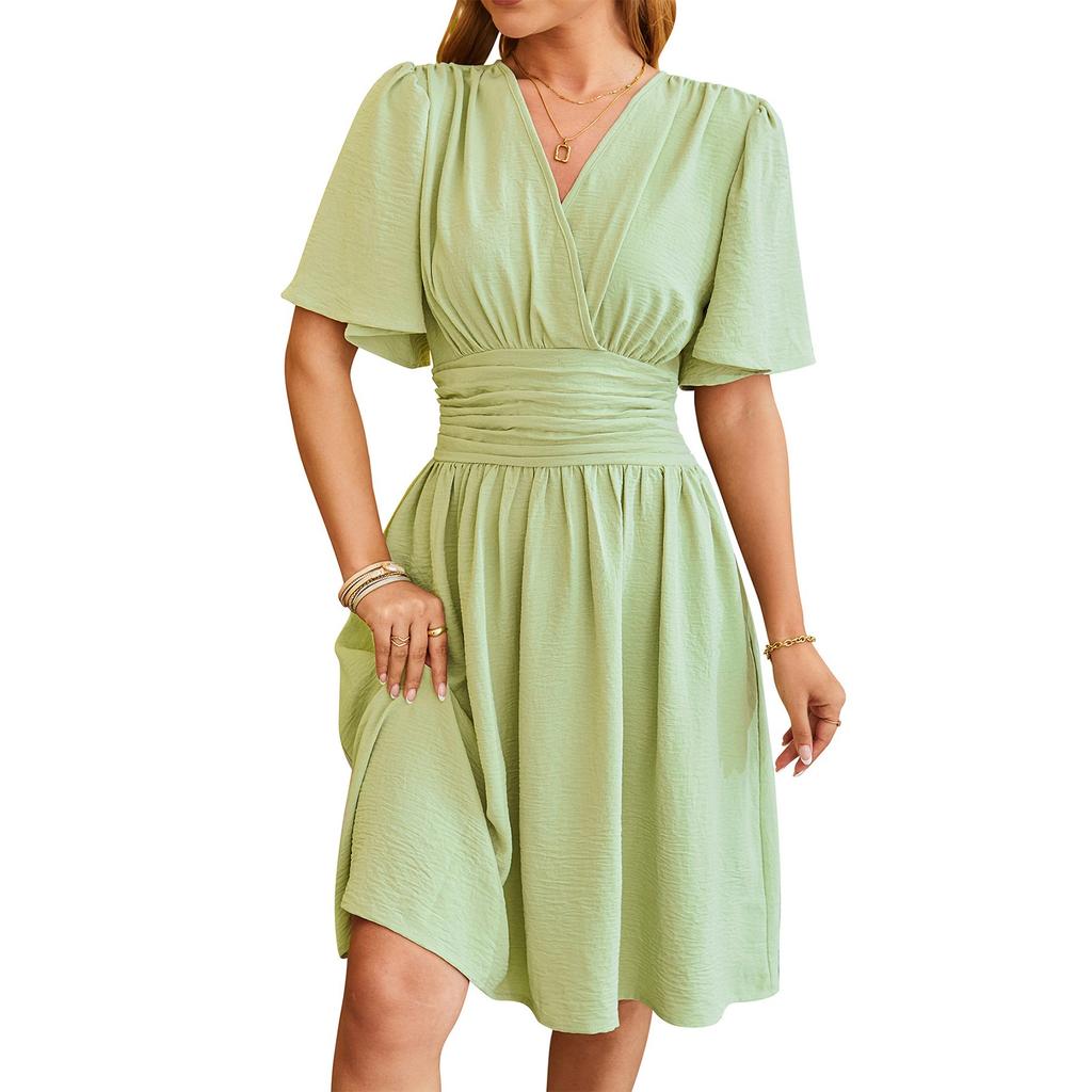 Women's Fashion Casual Solid Color V Nneck Waist Flared Sleeve Pullover Dress