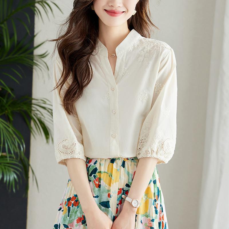V-neck Embroidery Hollow White Shirt Women's Cotton Temperament Light Maturity Blouse Shirt
