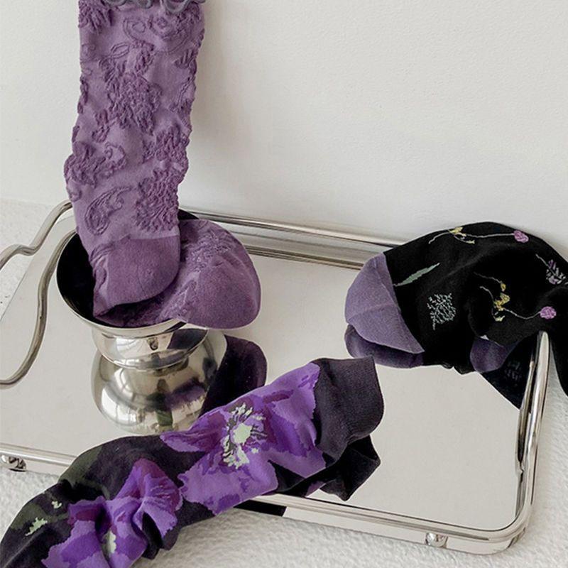 3 pary fioletowych skarpetek damskich skarpetki średniej długości urocze skarpetki Mori skarpetki damskie