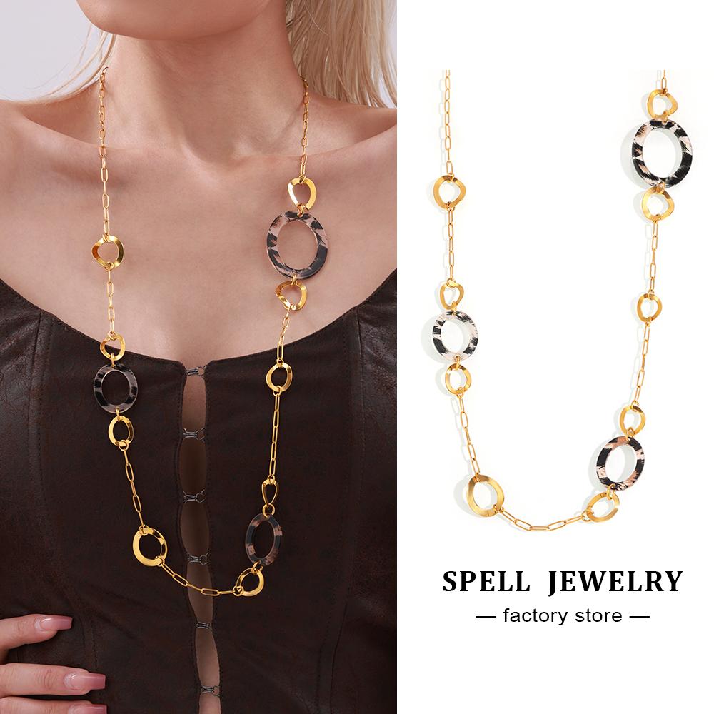 Long Necklace In Stainless Steel With Round Leopard Print Acrylic 18k Gold Plated 80cm/31.5in Sweater Chains Necklaces For Women