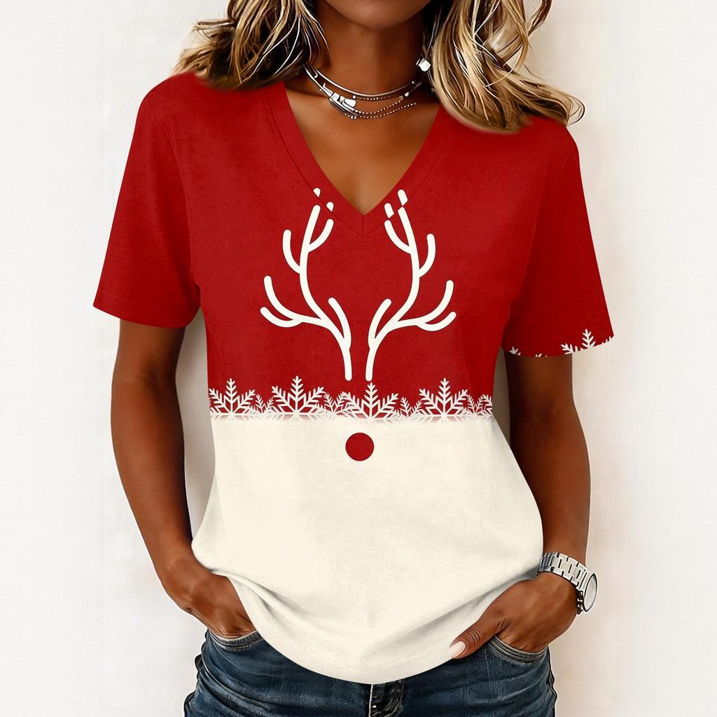 Women's Casual Short Sleeve V-Neck Christmas Print Pullover Top