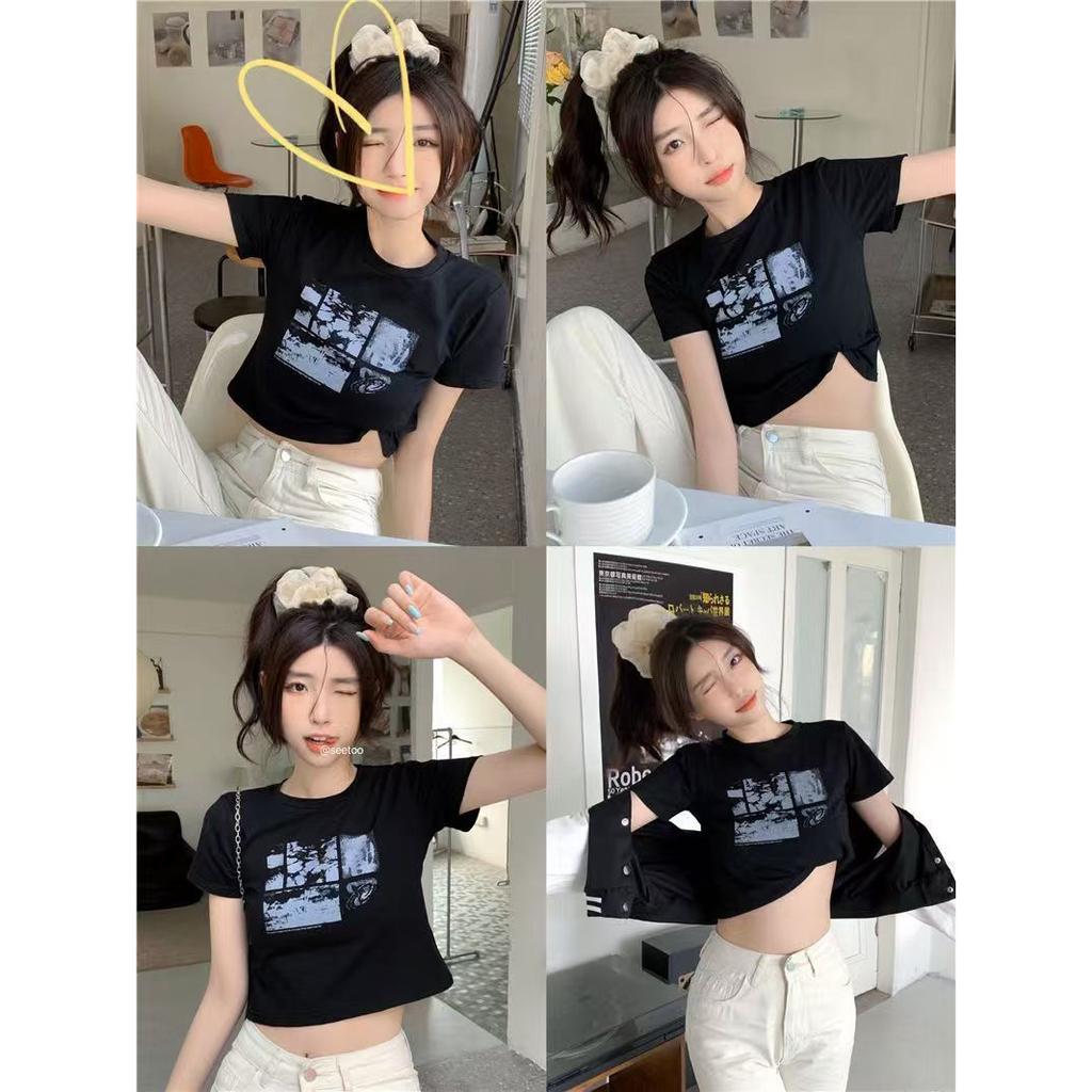 Funny girl navel print short-sleeved T-shirt summer new student black top