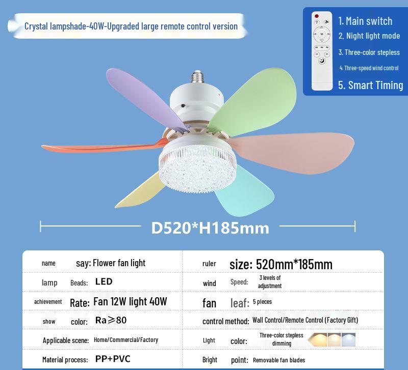 E27 Crystal Ceiling Fan Light with Remote Control - LED Six-Blade for Bedrooms