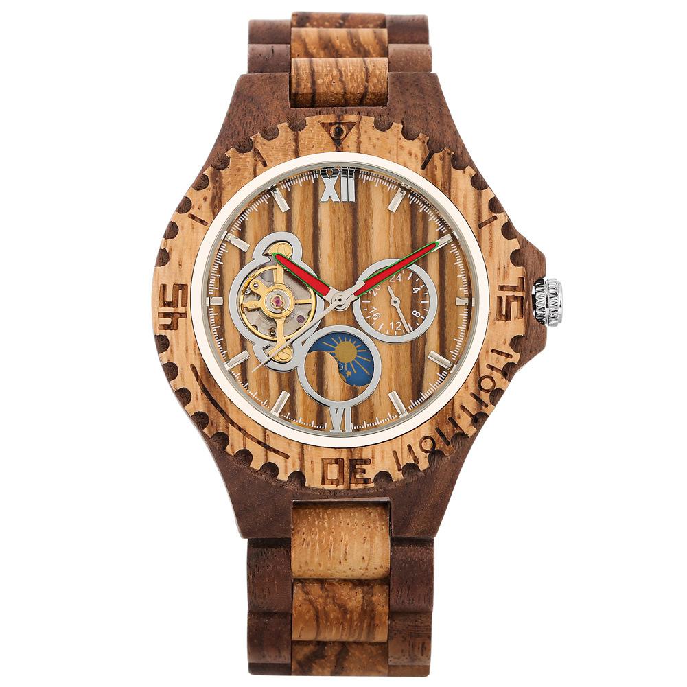 Mechanical Watch, Automatic Mechanical Walnut Zebra Wood Hollow Sun, Moon And Stars Wooden Men S Watch