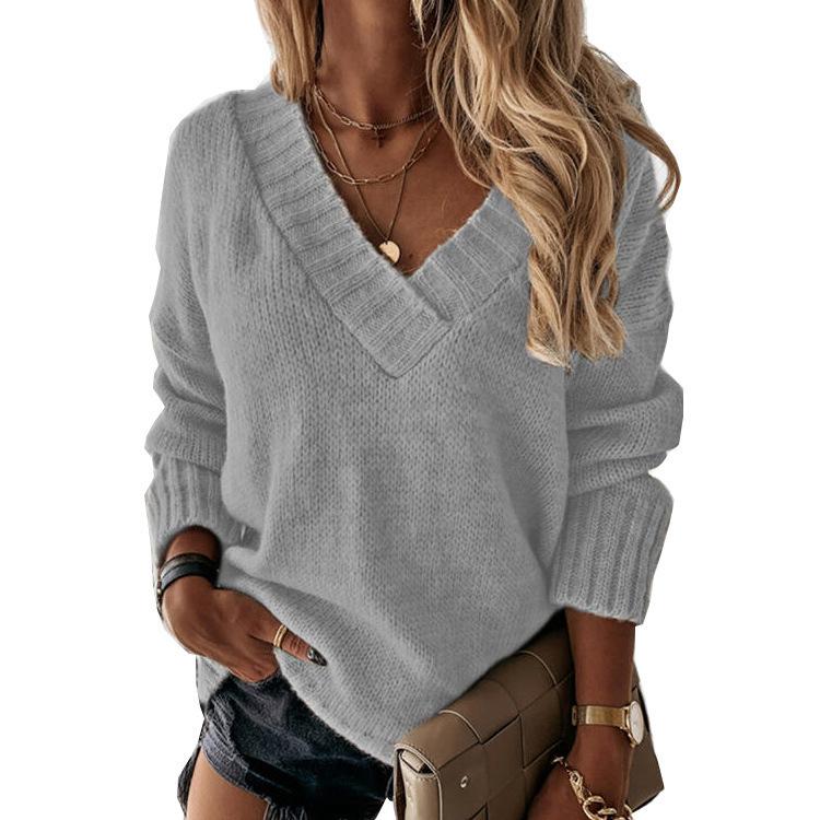 Maglione Casual alla Moda da Donna Autunno e Inverno Colore Unico Maglia a Manica Lunga con Scollo a V Top in Maglia da Donna Commercio Estero