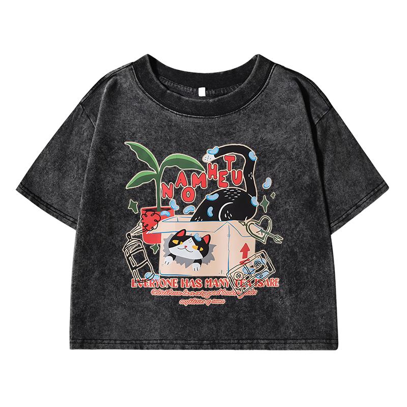 Women'S Retroprinting Female Washed Short Tshirts Breathable T-Shirts Summer Soft Clothes Loose Distress Tshirts Women