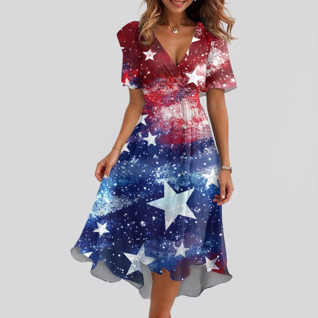 Kadın Bol Kesim Günlük V Yaka Kloş Etek Kısa Kollu Baskılı Elbise Baskılı Elbise