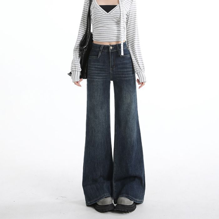 Early Spring Vintage High Waist Slim Straight Relaxed Micro Flare Denim Pants For Ladies Casual Pants Oversize Denim Trousers