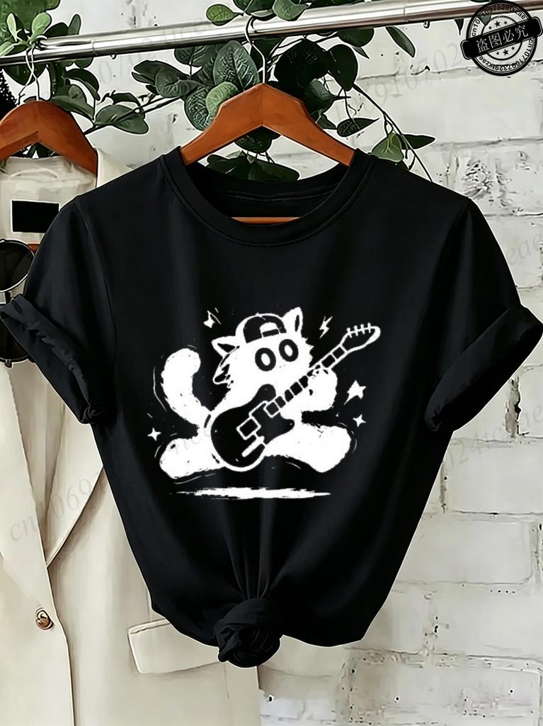 Rock Cat T-Shirts,Grunge Punk Tee Aesthetic,Abstract Guitar Women's Tee Shirts,Music Lover Gift,Quirky Animal Graphic T-Shirts