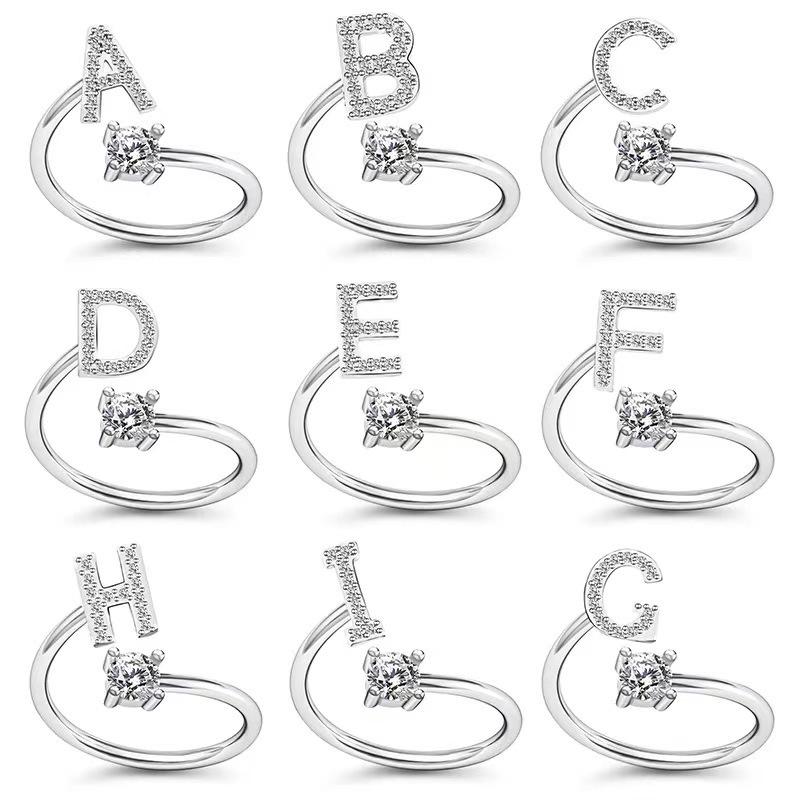Zircon Initial A-Z Letter Rings for Women Girl Adjustable Opening Ring Name Alphabet Female Wedding Fashion Jewelry Gift