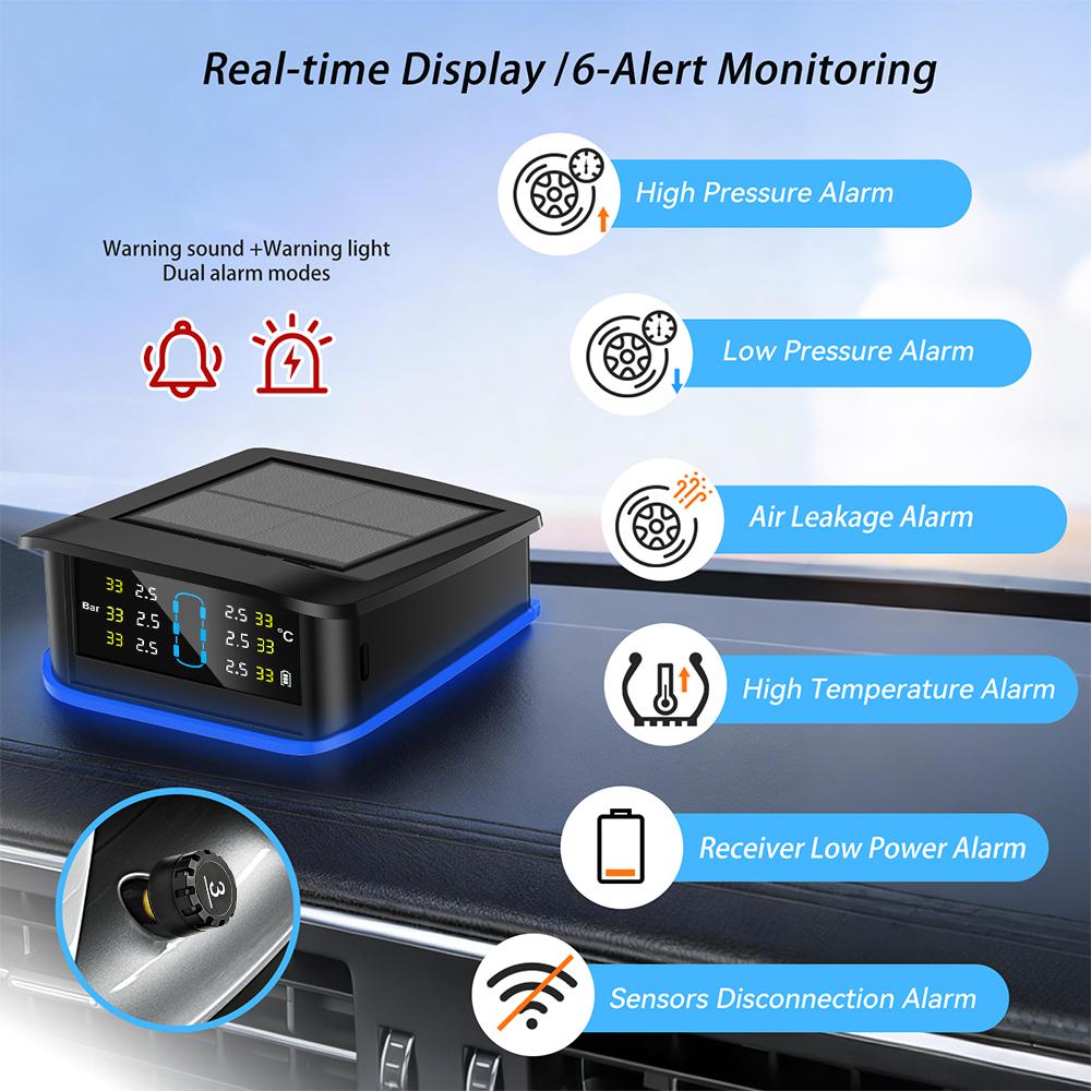 Monitoring system security alarm solar TPMS digital LCD display truck RV TPMS with indicator light warning car tire pressure alarm 6 external sensors