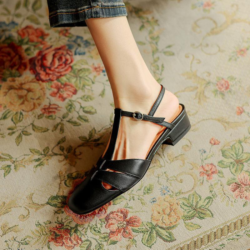 

New women s flat-soled sandals Korean version of rear empty sandals women s round head low heel beef tendon soft sole comfortable leather large si 40 чёрный