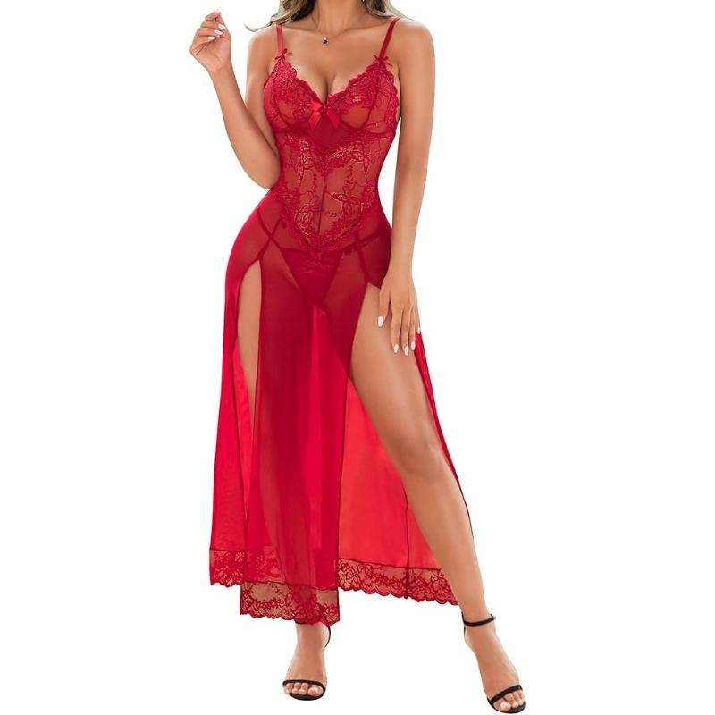 Mesh nightdress summer women's lace erotic underwear sexy split suspender long dress perspective dress