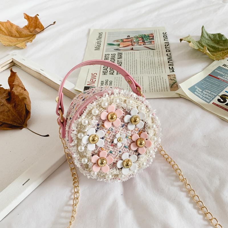 Stylish Floral Mini Round Handbag For Kids Fashionable Soft Leather Tote Bag