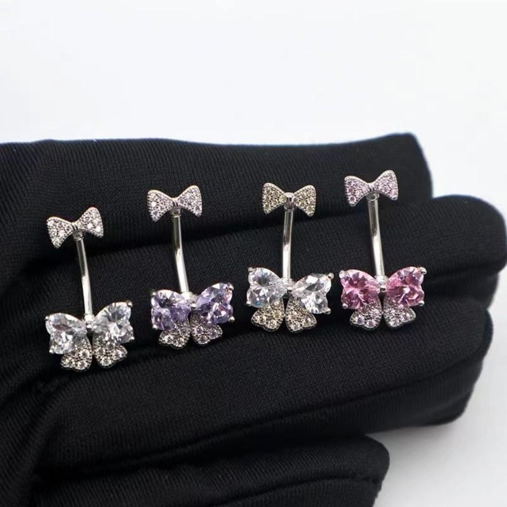 Stainless Steel Navel Piercing Jewelry Crystal Pink Bow Belly Rings Cute Belly Button Rings  Daily