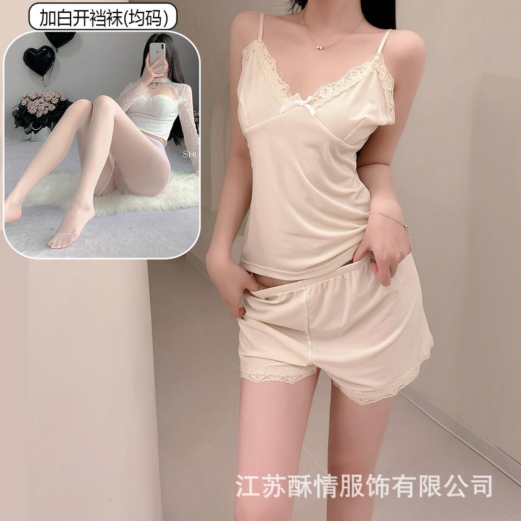 Crispy pajamas women's spring and summer girls' pure desire suspender shorts lace flower sexy pink loungewear set