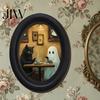 Rustic Autumn Home Accents Halloween Gothic Oval Wooden Hanging Plaque, Vintage Framed Black Cat Little Minimalist Horror Themed Decor Ghost
