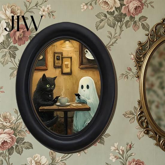 Rustic Autumn Home Accents Halloween Gothic Oval Wooden Hanging Plaque, Vintage Framed Black Cat Little Minimalist Horror Themed Decor Ghost