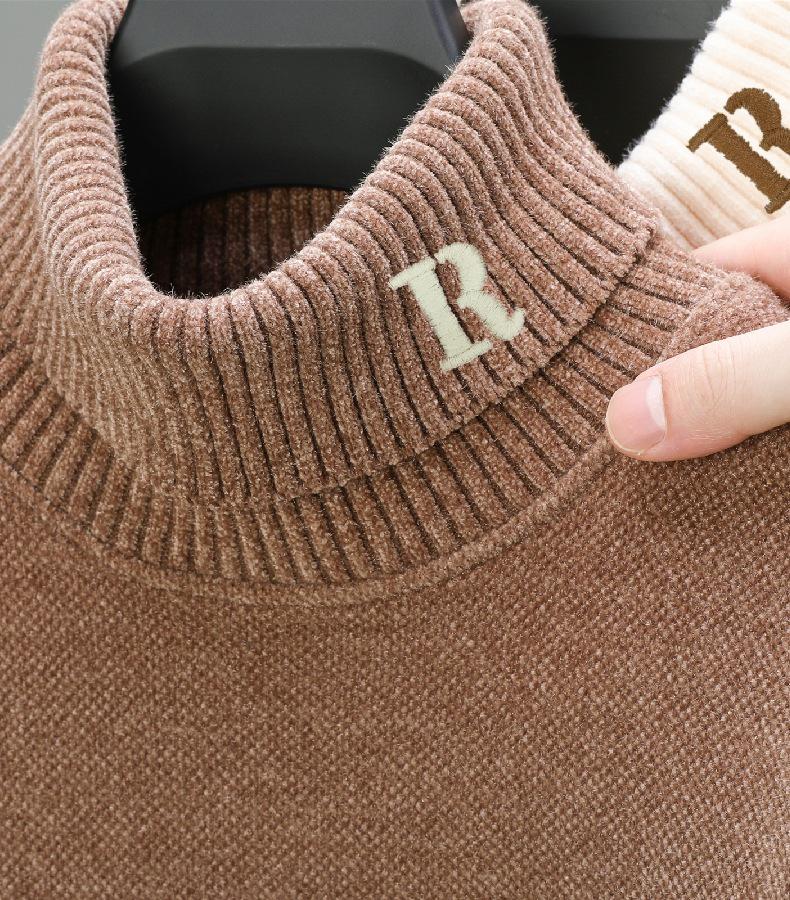 Men's Thick Velvet Sweater - High Collar, Solid Color, Winter Knit Base Layer