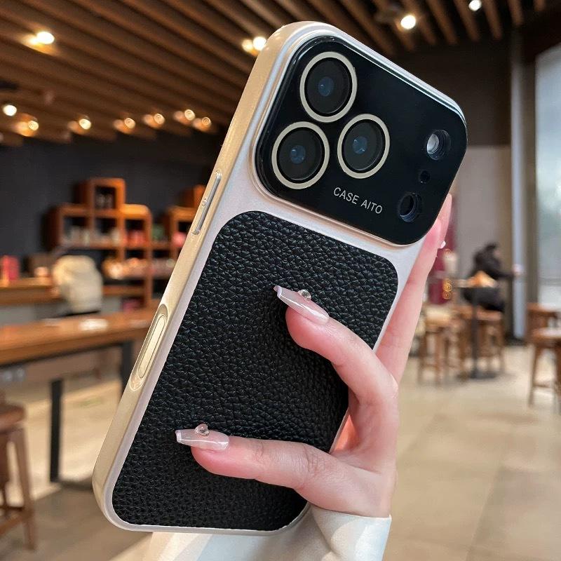 Applicable To iPhone17PRO Lens Large Window Lychee Leather Pattern Mobile Phone Case Apple 15 Business Case Lychee Pattern