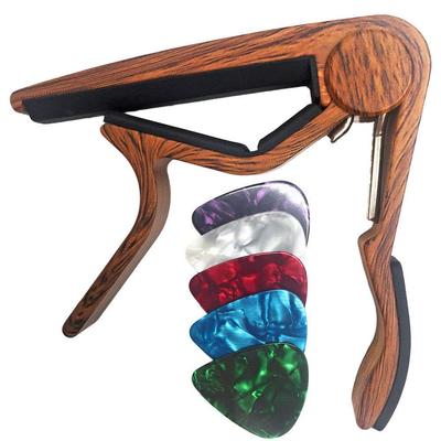 WINGO Classic Flat Guitar Capo for Classic Nylon String Guitar Grain 5 Picks (Wood Color) -