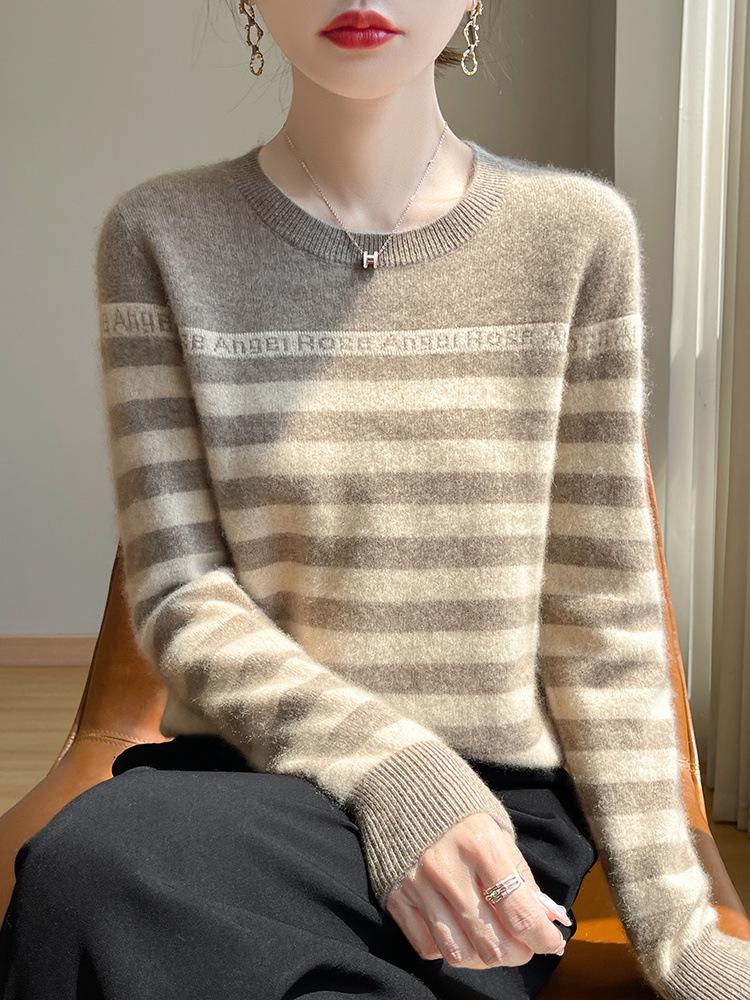 Women's Striped Crew Neck Wool Sweater - Autumn/Winter Loose-Fit Cashmere Knit