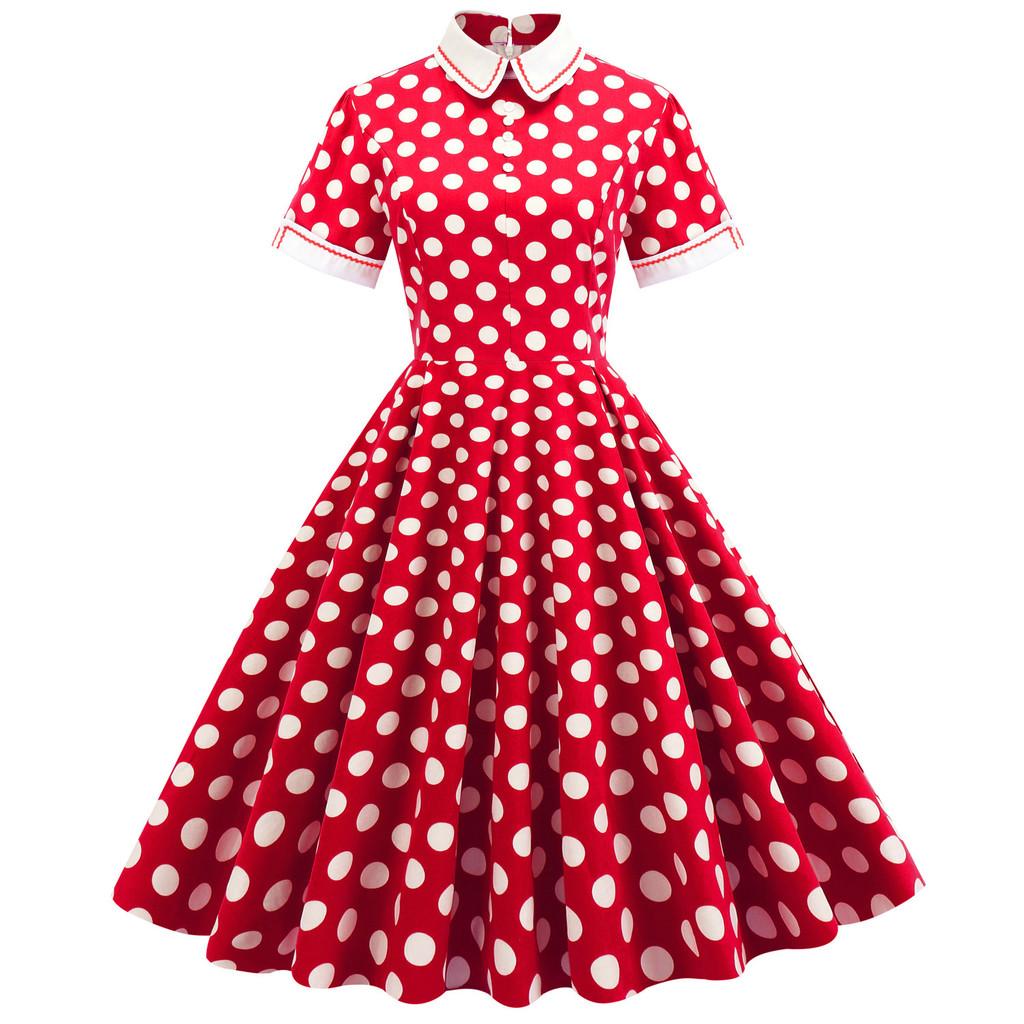 Vintage Polka Dot Dress With Cotton Fabric For Elegant Spring Casual Occasions