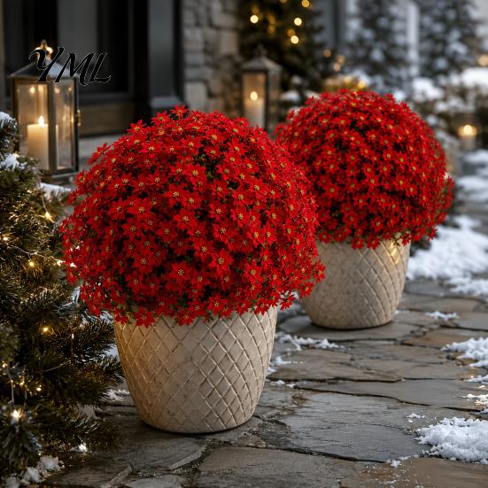 Decorative Faux Flowers for Dining Table Christmas Artificial Poinsettia Flower Topiary Tree, Fade Resistant Bush with Spike, Realistic Vivid