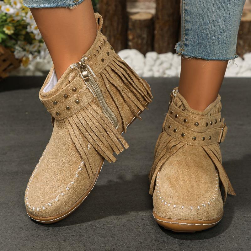 Large size rivet tassel metal buckle with short tube cigarette boots women's autumn and winter new flat bottom warm women's boots