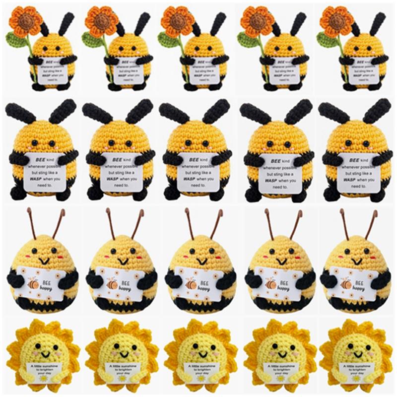 Crocheted Positive Energy Bee Ornaments Handmade Hand-Crochet Doll Figurine Finished Products Desktop Decoration Gifts Cafts
