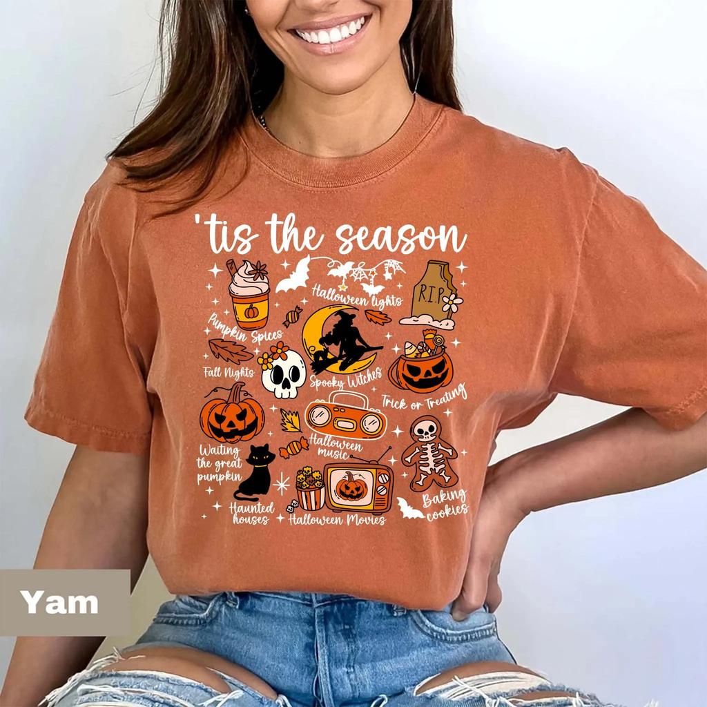 Women Dark Academia Funny Vintage Halloween Comfort Shirt Tis the Season Halloween Pumpkin Witch Daily Top Trendy Streetwear