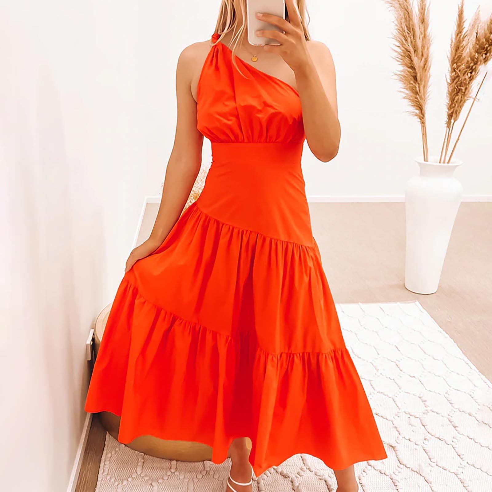 

Жіноча суцільна кольорова сукня курортного стилю на одне плече M помаранчевий