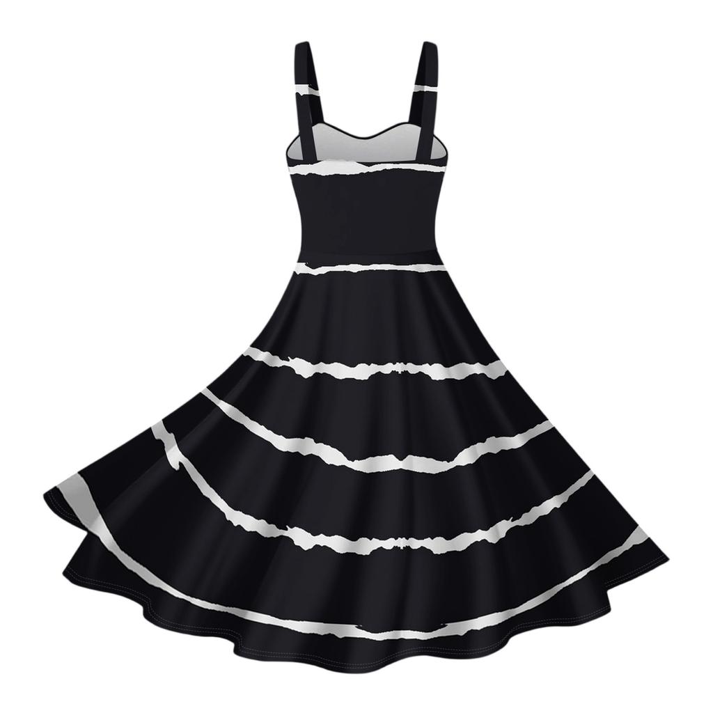 Women's Vintage Sleeveless Pleated Patchwork Cute A-Line Hem Striped Printed Dresses